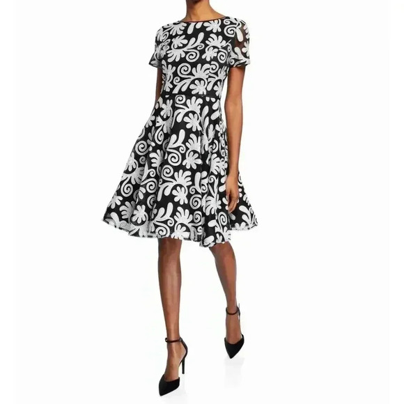 Shani Black White Appliqué Fit Flare Dress Short Sleeves Party Womens - Picture 1 of 11